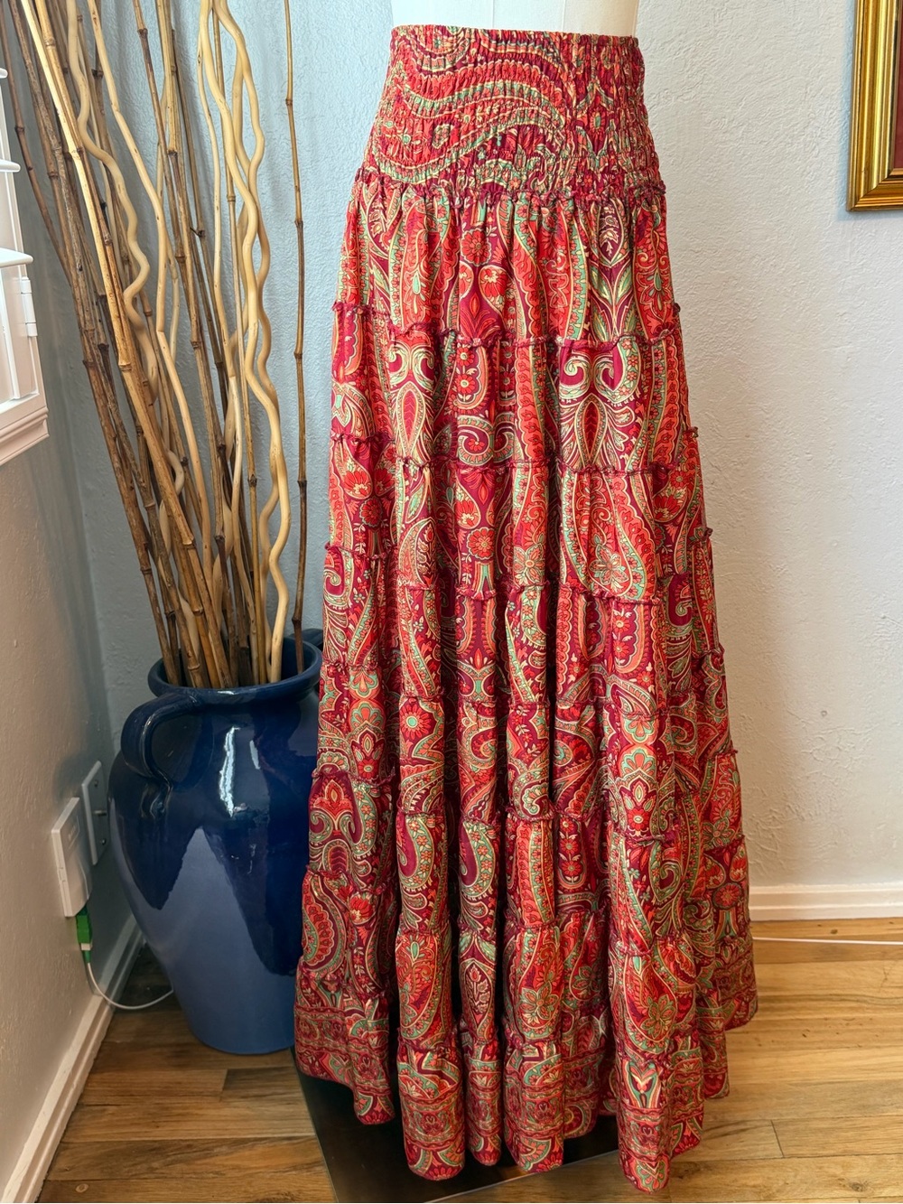 144~ NWT Rhea Red Paisley Tiered Silk Maxi Skirt - Women's Smocked Waist OS